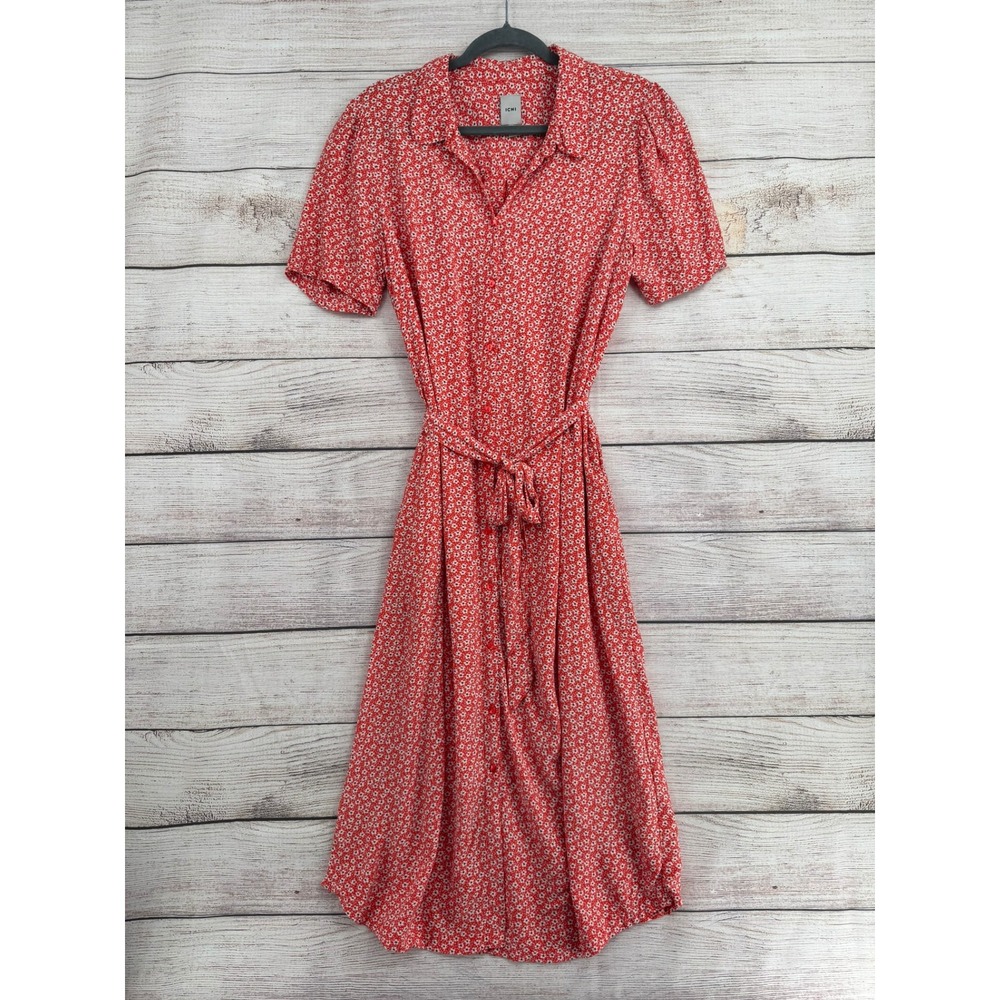 ICHI Midi Dress Women 40 Red Floral IHHAWAII Button Front Short Sleeve Belted
